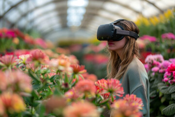 Female farmer wears VR or AR glasses in blooming flowers greenhouse. Modern agricultural practices with virtual reality simulators. Smart farming with AI, futuristic agriculture concept