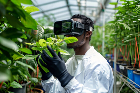 Scientist wears VR or AR glasses in green greenhouse. Modern agricultural practices with virtual reality simulators. Smart farming with AI, futuristic agriculture concept