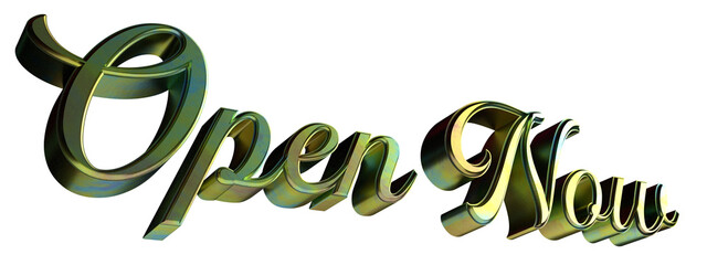 Isolated 3D NOW OPEN Word in Bold Steel Material or Gold and Chrome Texture on White Background 3D illustration.
