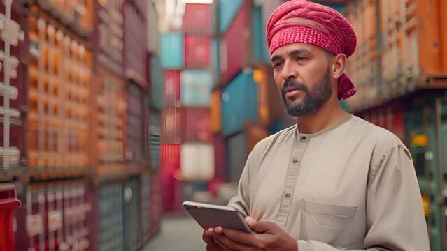 Business omani man using Tablet and Freight. the man should wear white kandoora dress.generative ai