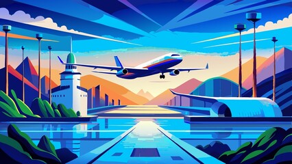 airplane landing at airport. vector illustration in cartoon style. travel concept