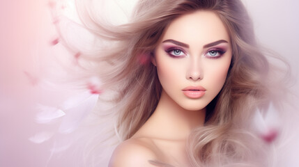 Naklejka premium Beautiful woman, girl. Female model with Extraordinary amazing Hairstyle and Flawless professional Makeup. AI Generative.