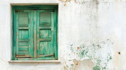 Green wooden window against a white wall