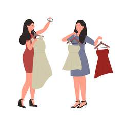 Girls choose new dresses on hangers, shopping of two female friends together vector illustration