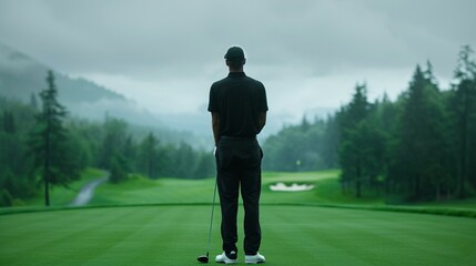 Golfer in minimalist black attire, positioned thoughtfully on a quiet, overcast golf course, surrounded by deep greens and tall trees, suggesting introspection and calm