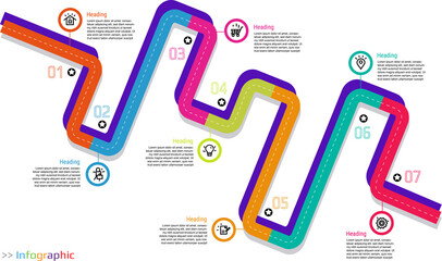 Infographic timeline for business template. Presentation concept with infographic timeline steps in colorful road or street. 