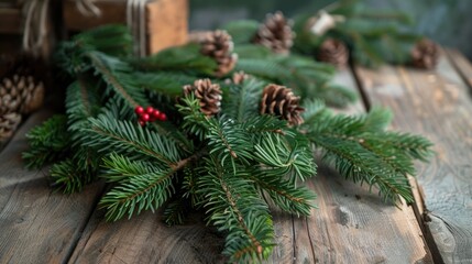 Green pine boughs on a wooden table for a celebration including sweets