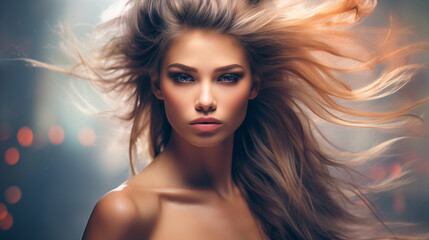Fototapeta premium Beautiful woman, girl. Female model with Extraordinary amazing Hairstyle and Flawless professional Makeup. AI Generative.