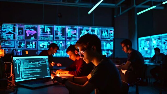 A group of people are working in a dark room. They are all sitting at computers and there are screens on the walls showing a lot of data.