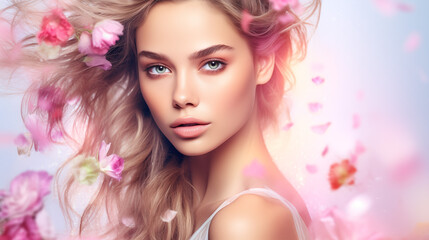 Naklejka premium Beautiful woman, girl. Female model with Extraordinary amazing Hairstyle and Flawless professional Makeup. AI Generative.