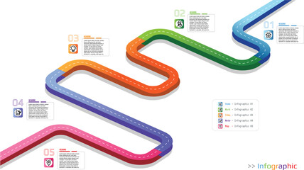 Infographic timeline for business template. Presentation concept with infographic timeline steps in colorful road or street. 