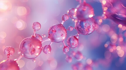 Fototapeta premium Diagonal DNA molecule and transparent droplets, shallow focus. Biochemistry, modern medicine or genetic research related 3D rendering background