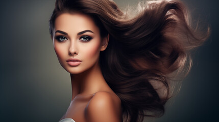 Fototapeta premium Beautiful woman, girl. Female model with Extraordinary amazing Hairstyle and Flawless professional Makeup. AI Generative.