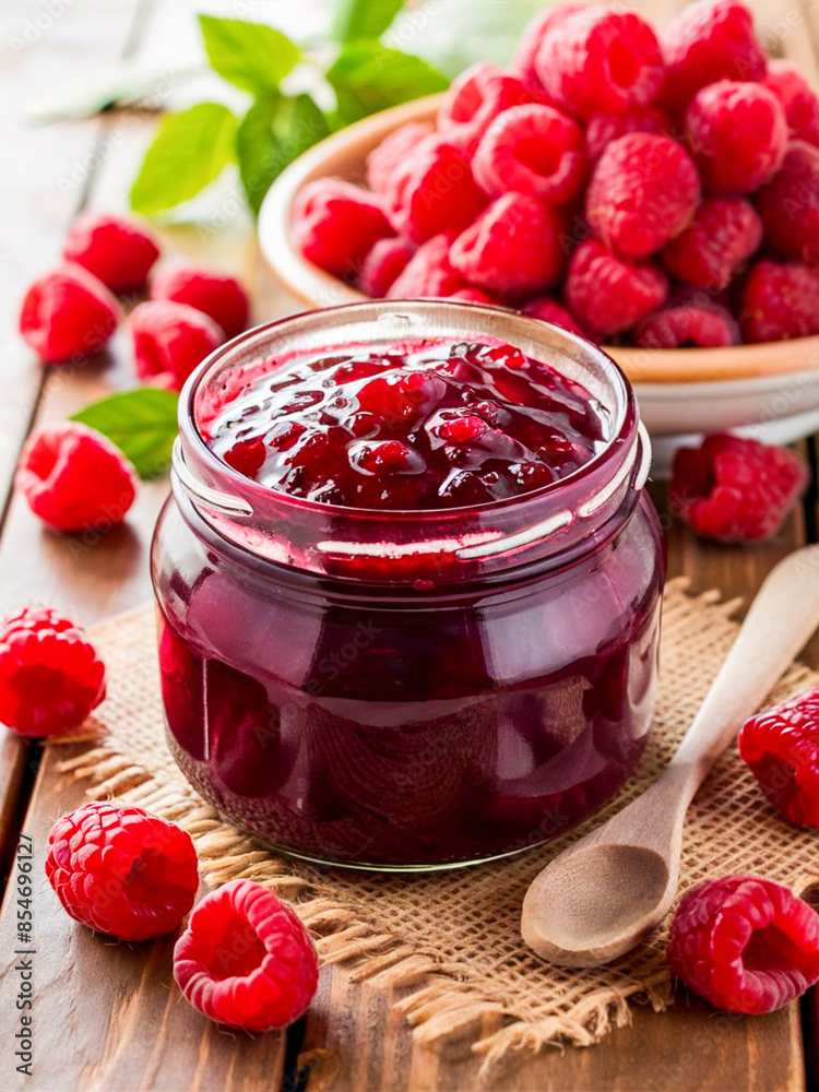 Poster there is a glass jar with raspberry jam on a wooden table. there are fresh raspberries and a wooden 