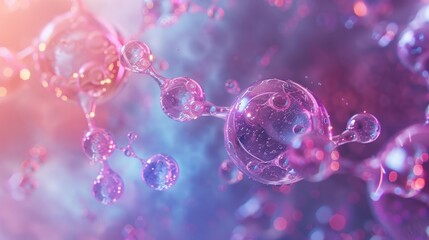 Obraz premium Diagonal DNA molecule and transparent droplets, shallow focus. Biochemistry, modern medicine or genetic research related 3D rendering background