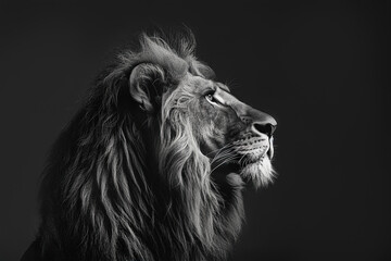 Black and white profile portrait of a majestic lion