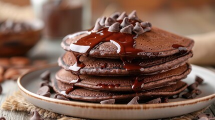 Stack of thick and rich chocolate pancakes on a dish