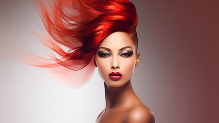 Obraz premium Beautiful woman, girl. Female model with Extraordinary amazing Hairstyle and Flawless professional Makeup. AI Generative.