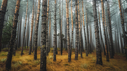 Fototapeta premium Dense forest of tall, slender pine trees with rough bark, rising from a bed of golden grass. A misty atmosphere envelops the scene, creating a serene and mystical ambiance