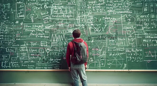 Smart school boy solving math. Child solve maths on blackboard. A smart schoolgirl hold a chack and solve the maths on the blackboard. Student on school. Learning,education studying concept 4k video