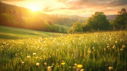 Spring landscape organic meadows glowing in the evening sunlight