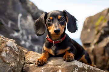 Portrait of a smiling dachshund isolated on rocky cliff background