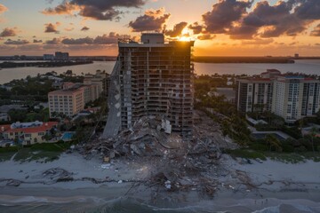 A high-rise building partially collapsed on a beachfront at sunset, with debris scattered. Nearby buildings and the ocean are visible.