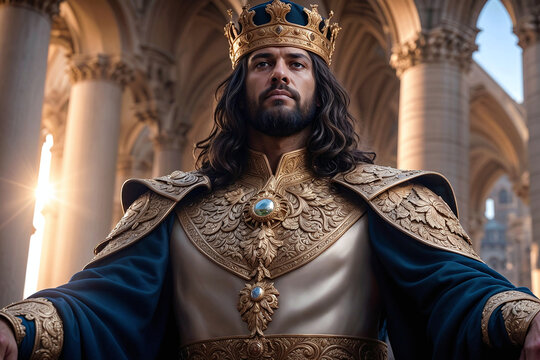 A wise king proud and resplendent in royal robes during coronation ceremony. A powerful ruler of a faraway medieval kingdom making a decree, a declaration. His majesty presiding over his subject.