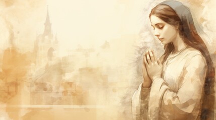 Fototapeta premium St. Genevieve of Paris in Prayer in Ancient Paris, Biblical Illustration, Beige Background, Copyspace , Biblical Illustration,Christian banner