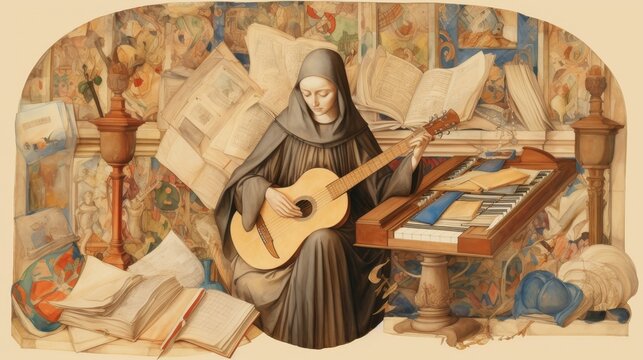St. Hildegard of Bingen Surrounded by Books and Musical Instruments, Biblical Illustration, Beige Background, Copyspace , Biblical Illustration,Christian banner