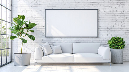 Living Room Interior Design. Modern Minimalistic Style with Comfortable Sofa and Plants