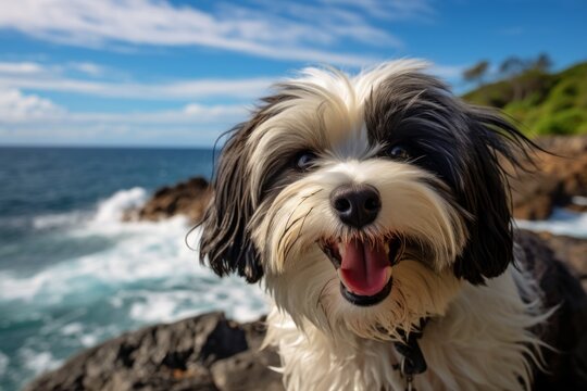 Portrait of a smiling havanese dog over tropical island background
