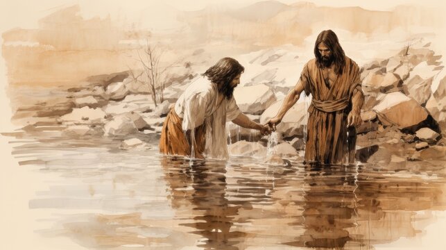 St. John the Baptist Baptizing Jesus, Jordan River Scene, Rugged Appearance, Biblical Illustration, Beige Background, Copyspace , Biblical Illustration,Christian banner