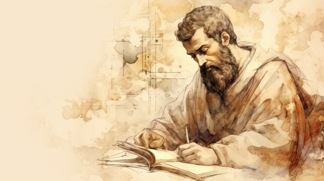St. Justin Martyr Writing in 2nd-Century Church, Biblical Illustration, Beige Background, Copyspace , Biblical Illustration,Christian banner