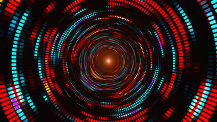 Obraz premium Bright colorful spiral. Colorful dotted spiral swirl circles. Green, yellow, blue, light blue and pink swirl pattern of round shaped dots. Glowing tunnel background, space landscape. 3D rendering.