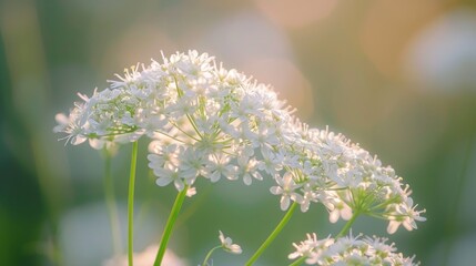 Fototapeta premium White Japanese parsley in umbrella shaped inflorescence photographed in close up with flash and natural light