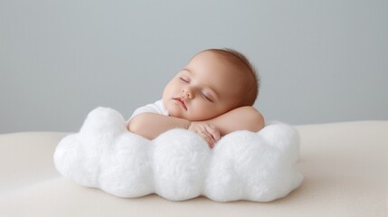 Newborn resting comfortably on soft cloudlike cushions, exuding a sense of tranquility and innocence with a content expression