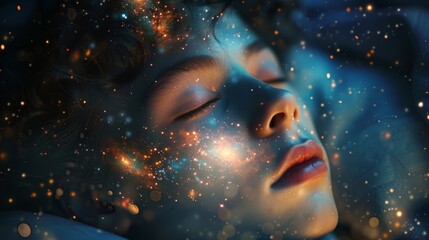 A serene child sleeping with a dreamy expression, surrounded by digital sparkling lights resembling a magical starry night.