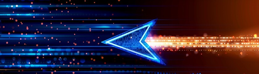 Obraz premium Illuminated blue arrow with fiery orange tail, on a dark background, depicting modern digital acceleration, energy flow, or highspeed connectivity