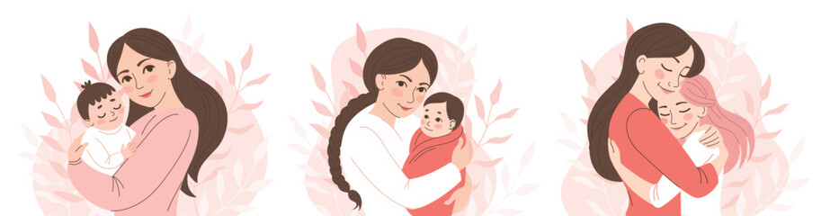 Mom hugs her daughter. Motherhood, parenthood. Woman with child. Mother's day banner, card. Vector cartoon illustration in flat style.