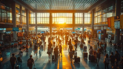 A bustling airport terminal with travelers, luggage, and the excitement of upcoming journeys