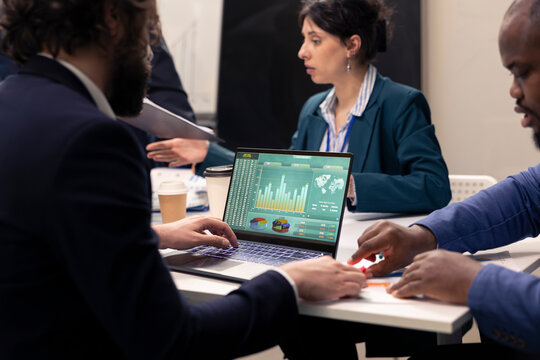 Marketing team developing new digital transformation strategies in a boardroom conference, enhance operational efficiency and performance. Professionals improve organizational workflow.