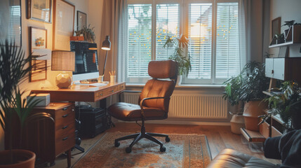 A cozy home office with a desk, a computer, and a comfortable chair, creating a productive workspace