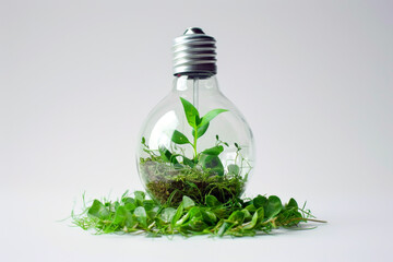 Green plant sprouting from the ground in grass, growing inside a light bulb, on white background with leaves. Concept of Renewable Energy and Sustainable Living