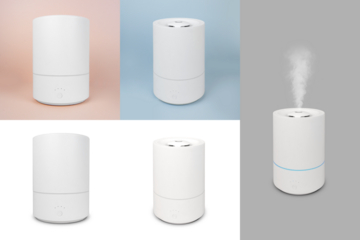 White humidifier emitting steam on a transparent background.