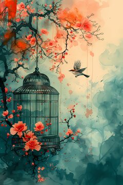 A vibrant watercolor abstract background featuring a delicate bird cage with floral and leafy patterns, creating a dreamy and artistic ambiance. Ideal for creative projects and decor.