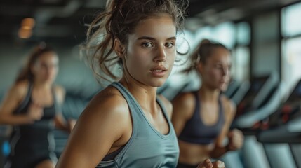 A dynamic gym session with people lifting weights, running on treadmills, and staying fit