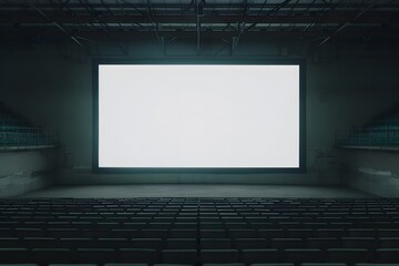 A minimalistic empty cinema hall with a large blank screen, viewed from the back rows. Modern architecture and ambient lighting.