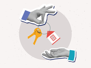 One hand gives and another hand takes a bunch of two keys with a keychain in the shape of a house. Keys to the apartment. Vector illustration in a modern collage style