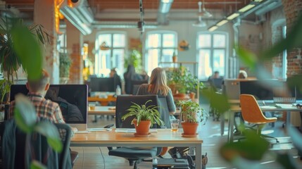 A high-tech co working space with professionals collaborating, brainstorming, and sharing ideas in a creative environment